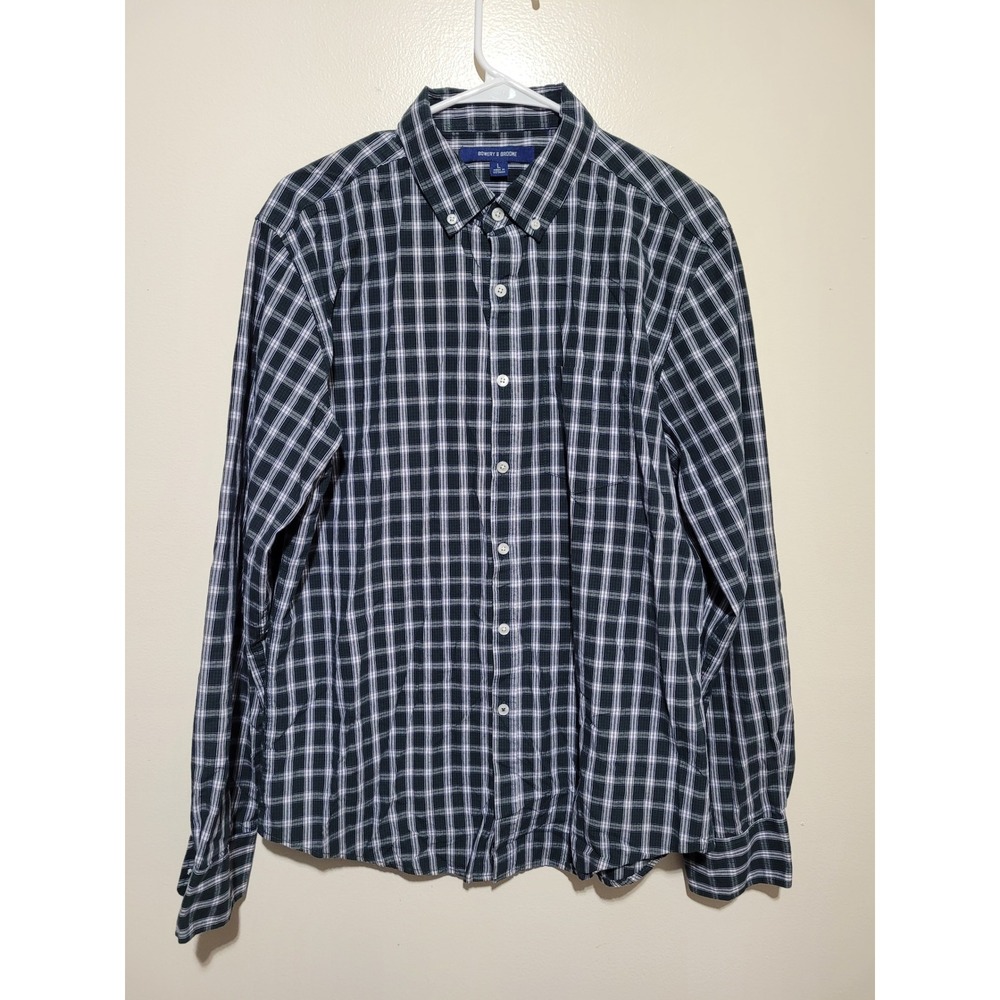 Bowery & Broome Button Down Shirt Mens Large Green‎ Blue Plaid Cotton